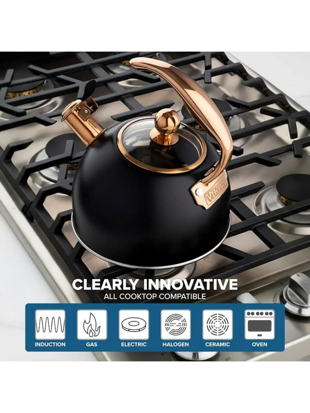 Viking 2.6 Qt 3-Ply Stainless Steel Kitchen Tea Kettle Black Induction Stovetop